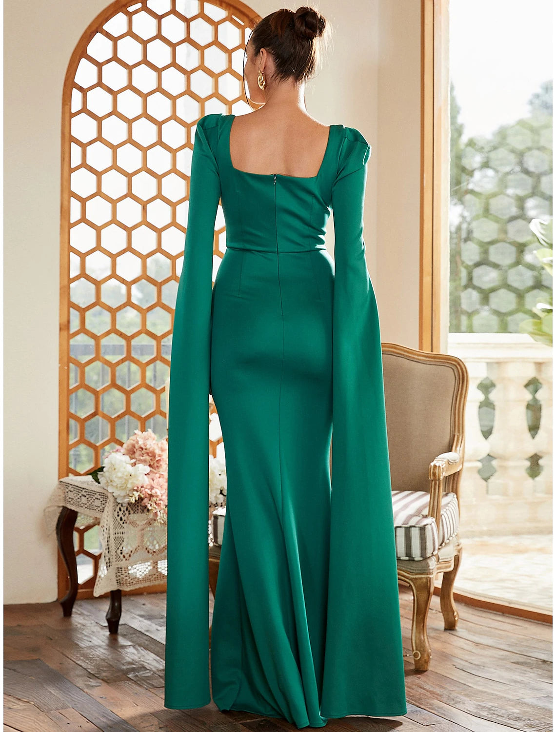 Etuikleid/Säulenkleid, elegantes Abendkleid, formeller Herbst, bodenlang, lange Ärmel, quadratischer Ausschnitt, Stretchstoff mit Falten